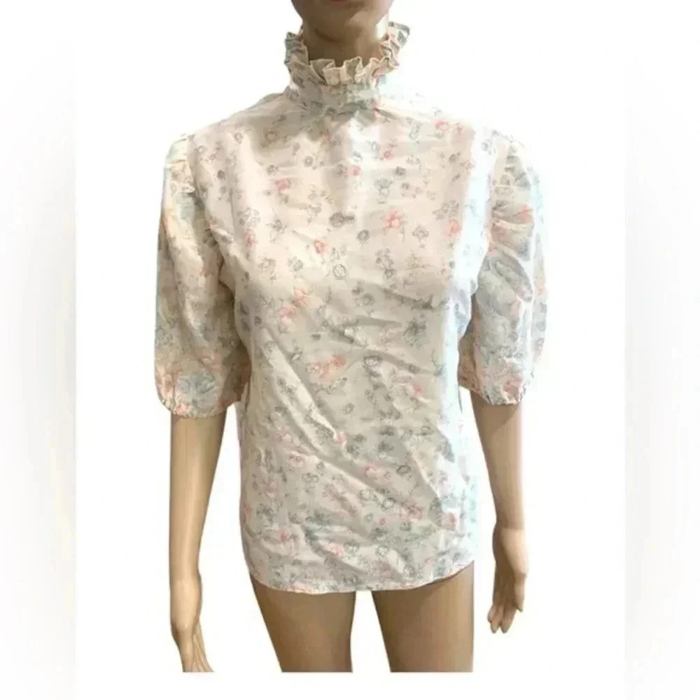 Edwardian Cottagecore handmade vintage ruffled flowers 3/4 sleeves top